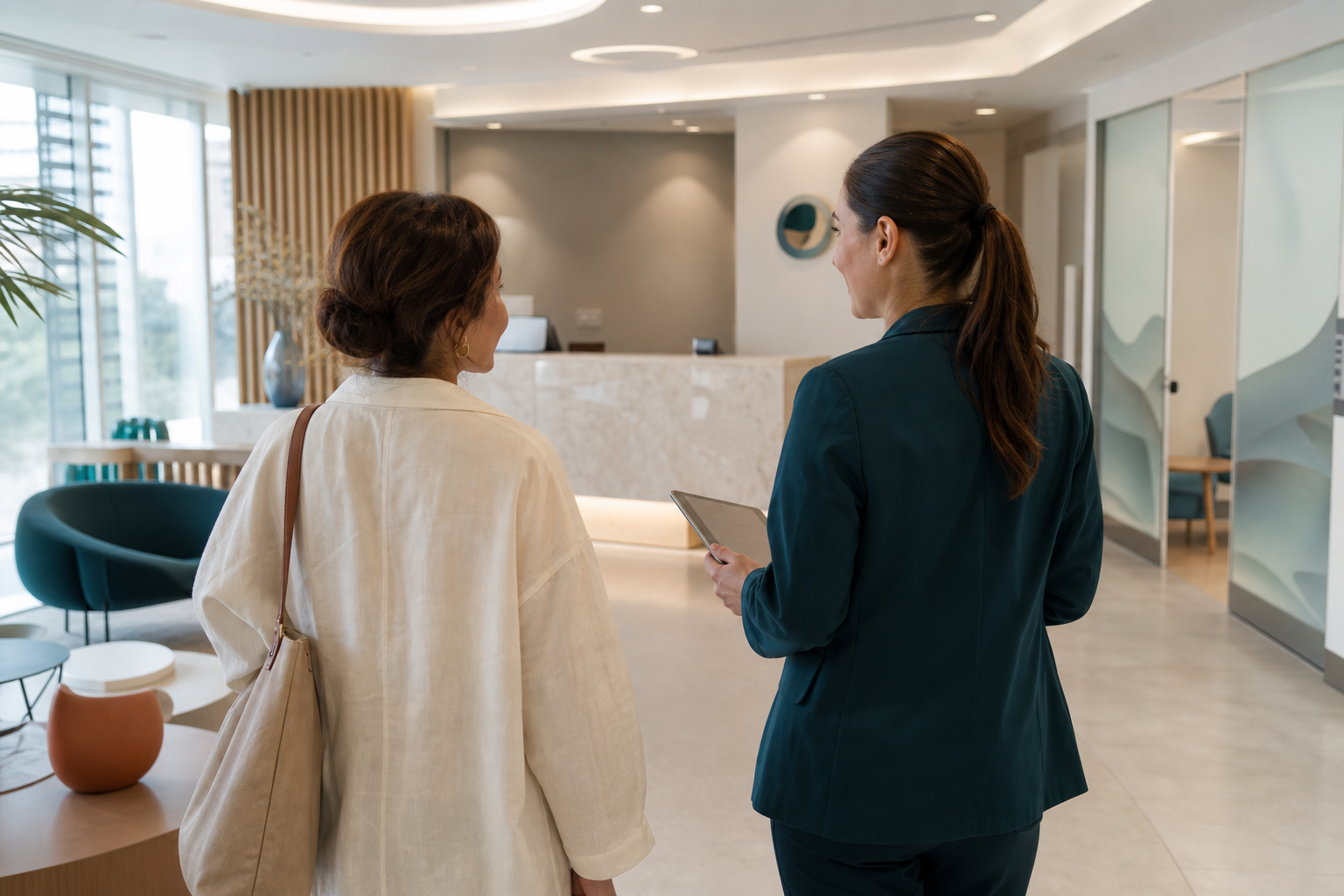 Pacientă însoțită de coordonatoarea Travel Medical în recepția unui spital privat